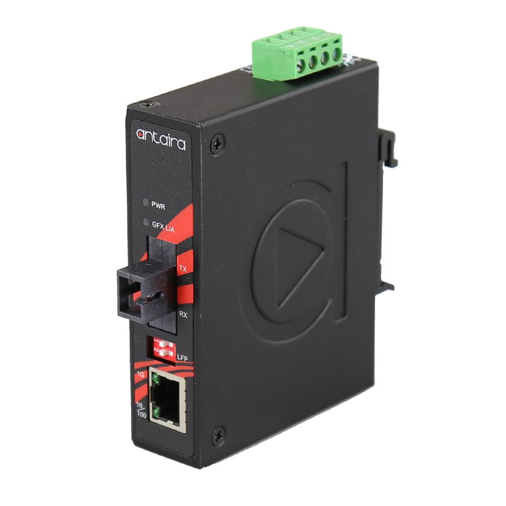 Antaira Compact Industrial Gigabit Ethernet Media Converter with 10/100/1000TX to SC Connector Single Fiber (WDM-B) Single-Mode  TX1550nm - RX1310nm EOT: -40° ~ 80°C