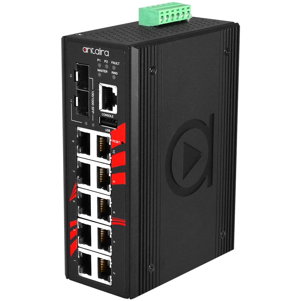 Antaira 12-Port Industrial Gigabit PoE  Managed Ethernet Switch with SFP EOT: -40° ~ 75°C