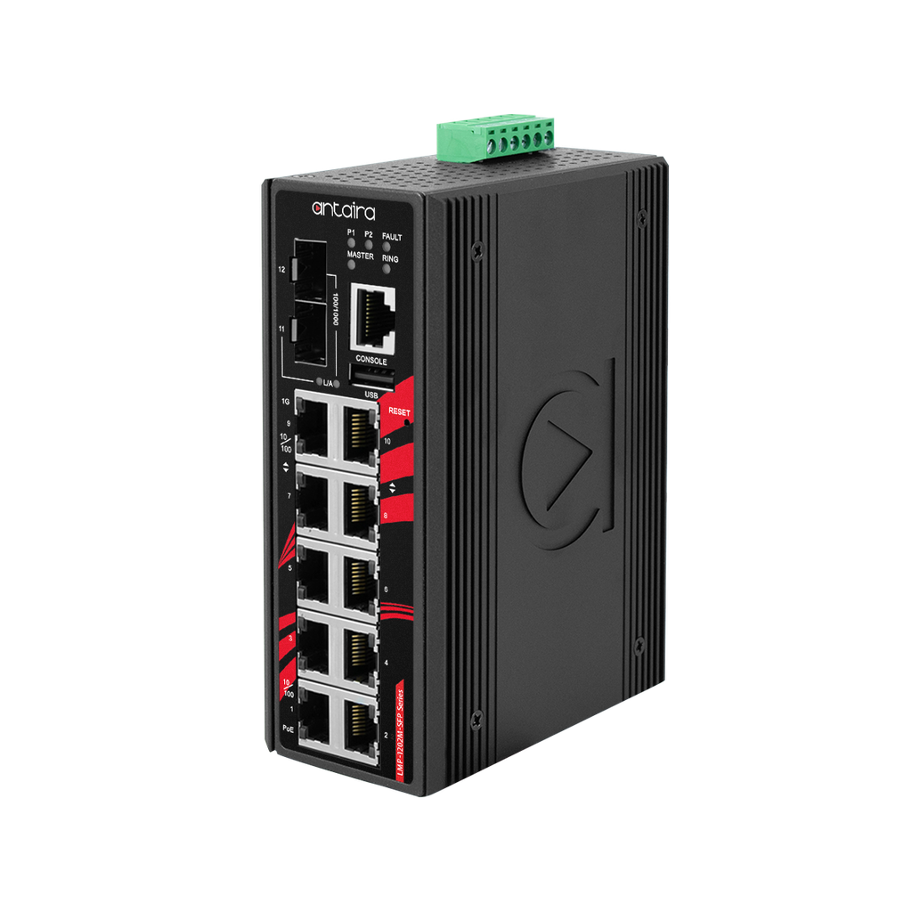 Antaira 12-Port Industrial Gigabit PoE  Managed Ethernet Switch with SFP Slots EOT: -40° ~ 75°C