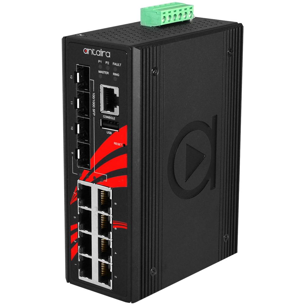 Antaira 12-Port Industrial Gigabit PoE  Managed Ethernet Switch SFP Ports EOT: -40° ~ 75°C