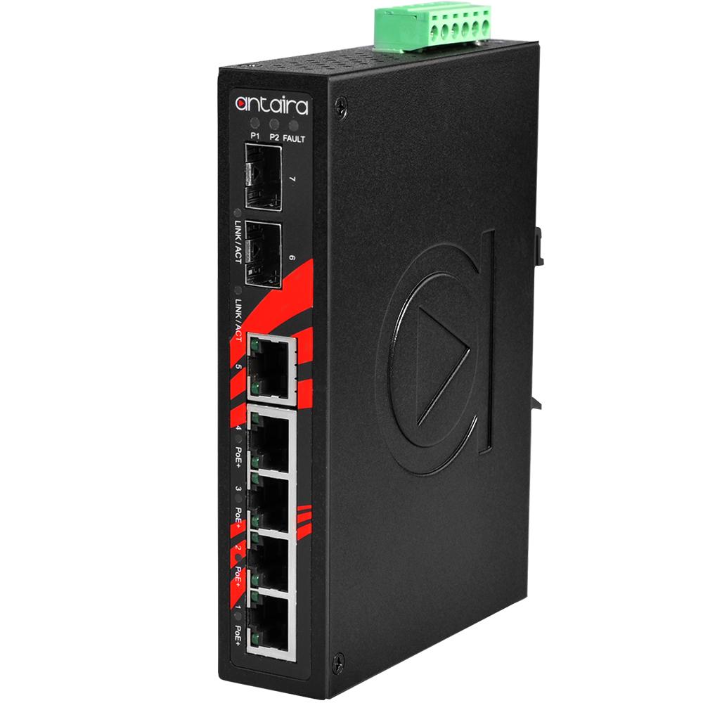 Antaira 7-Port Industrial PoE  Unmanaged Ethernet Switch SFP Slot EOT: -40° ~ 75°C