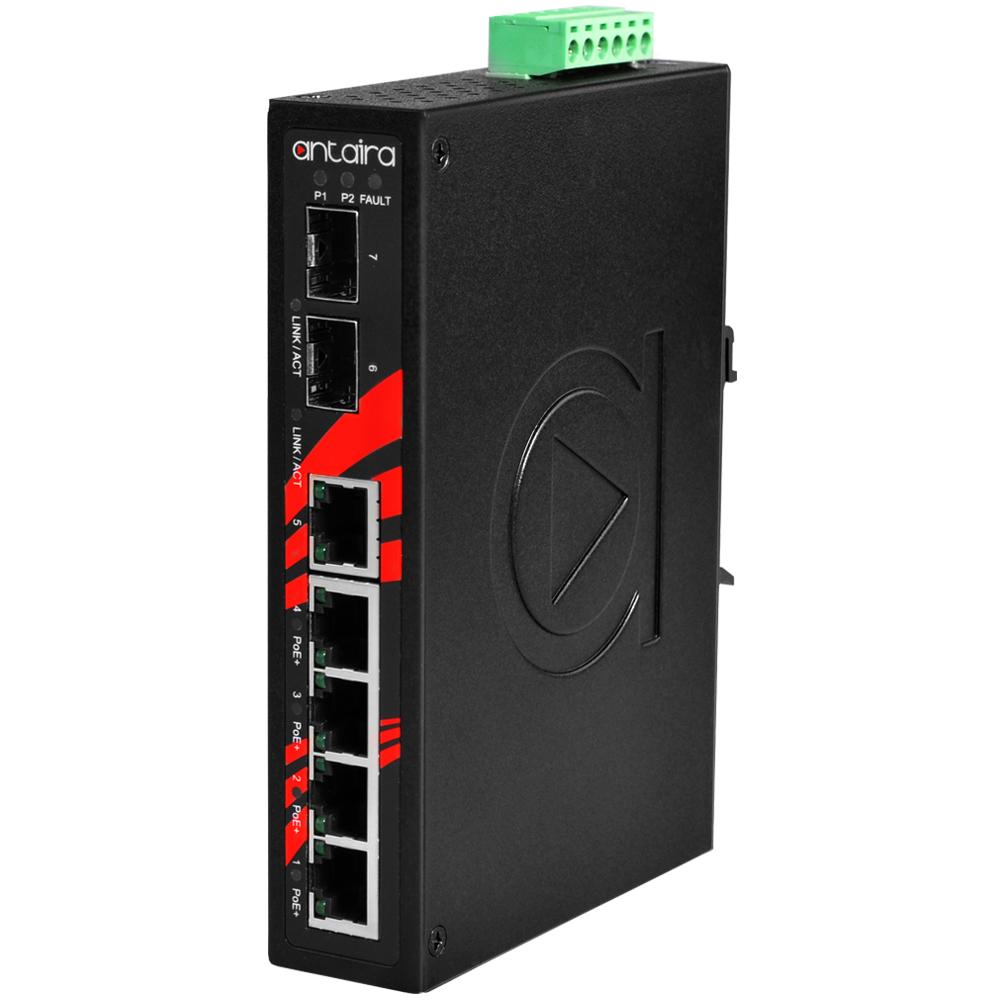 Antaira 7-Port Industrial PoE  Gigabit Unmanaged Ethernet Switch SFP Slot EOT: -40° ~ 75°C