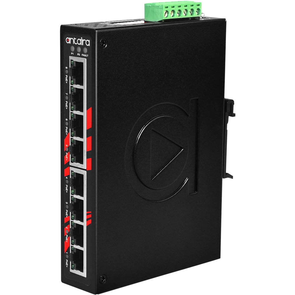 Antaira 8-Port Industrial PoE  Unmanaged Ethernet Switch w/8*10/100Tx (30W/Port) EOT: -40° ~ 75°C