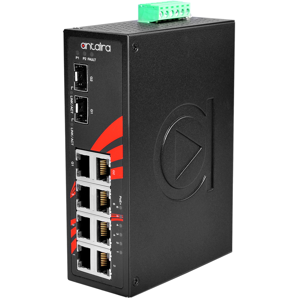 Antaira 8-Port Industrial PoE  Unmanaged Ethernet Switch with SFP Slots