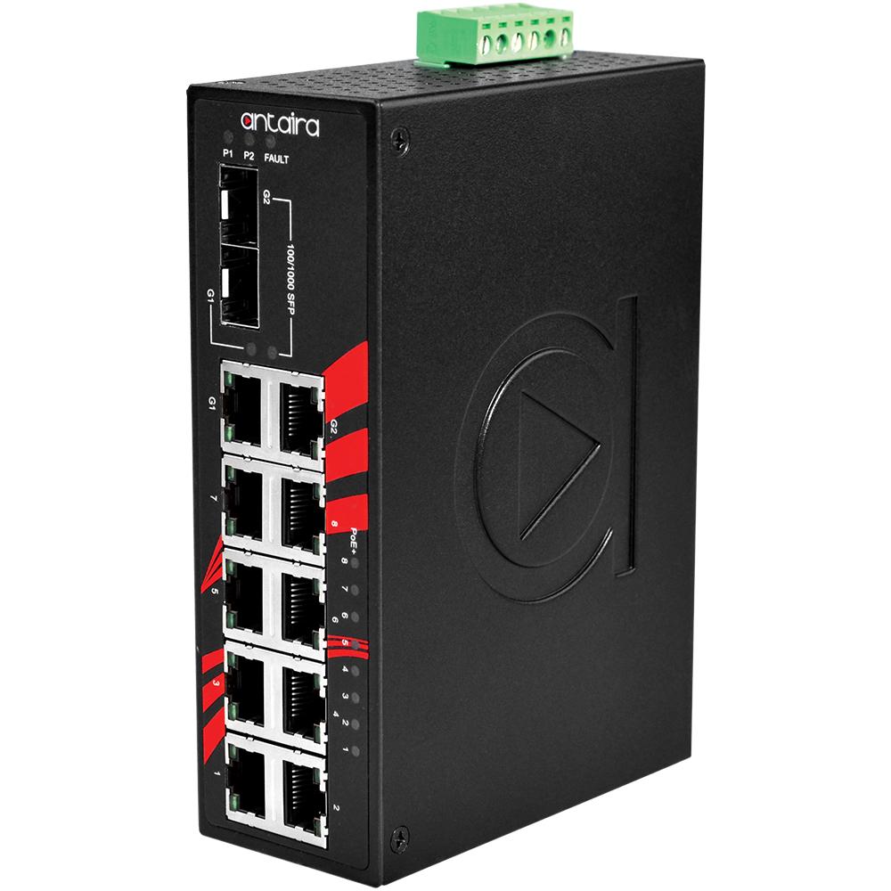 Antaira 10-Port Industrial PoE Gigabit Unmanaged Ethernet Switch With Fiber Optics SFP Slot EOT: -40° ~ 75°C