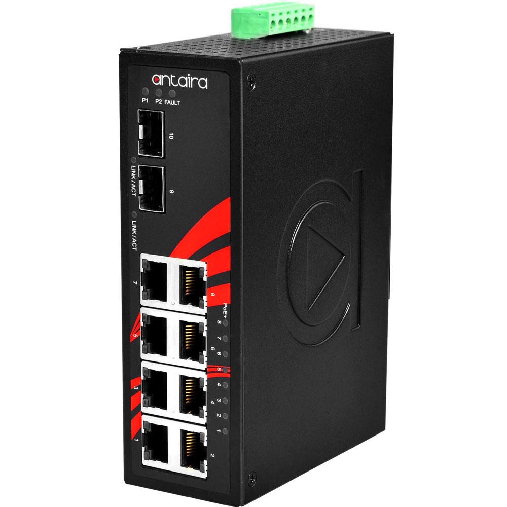 Antaira 10-Port Industrial PoE  Unmanaged Ethernet Switch with SFP Slots 12~36VDC