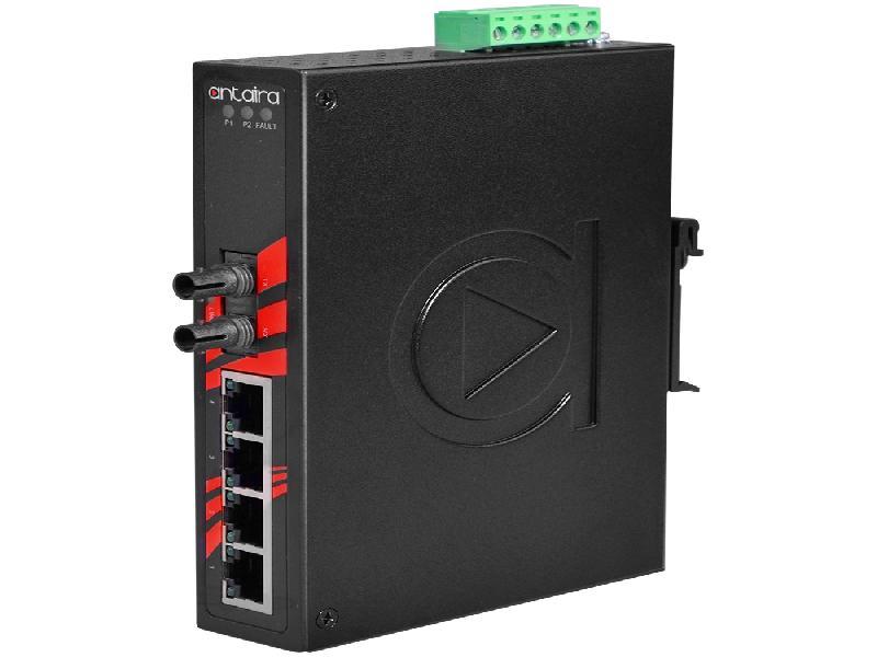 Antaira 5-Port Unmanaged Ethernet Switch With Fiber Optics Multi-Mode ST Connector EOT: -40° ~ 75°C